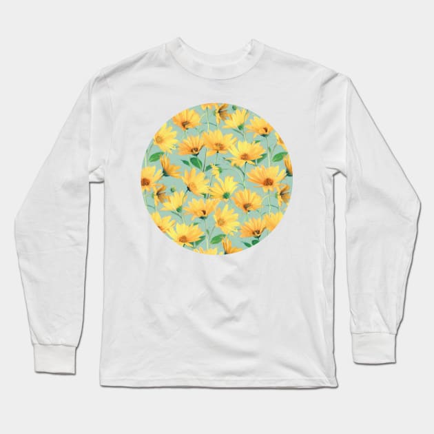 Painted Golden Yellow Daisies on soft sage green Long Sleeve T-Shirt by micklyn